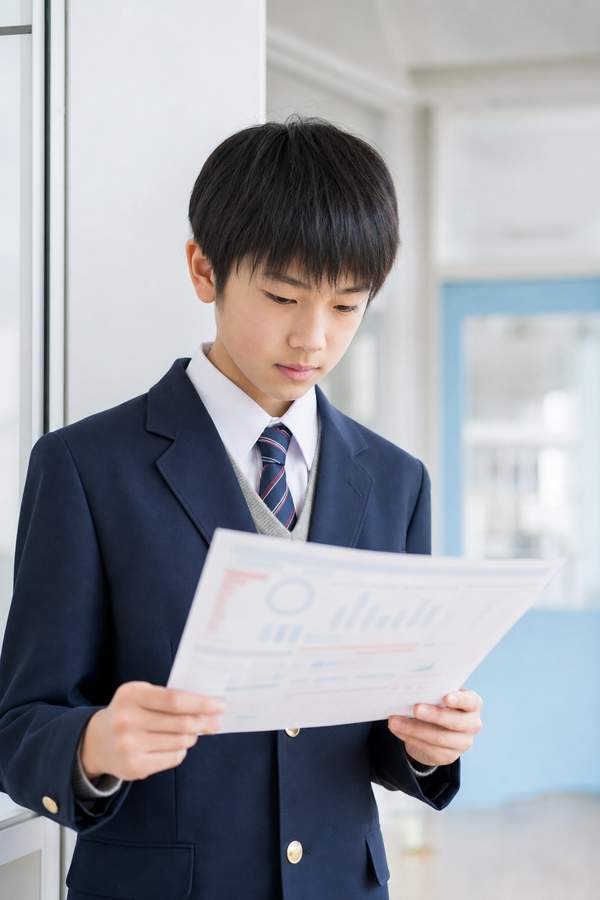 馬渕公開テストの成績表を真剣な表情で確認する制服姿の中学生