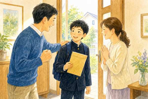 成績優秀者に載った結果を持ち帰り、両親に笑顔で迎えられる中学生のイラスト