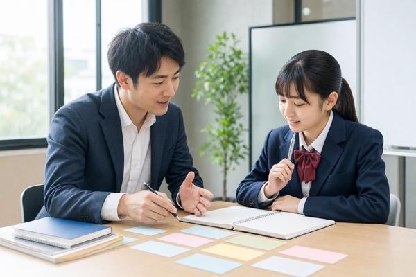 講師と一緒に間違い直しのカードを分類し、つまずきの原因を分析する中学生