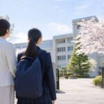 高校の校門の前で志望校を見上げる中学生の女子と母親