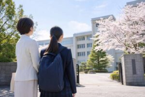 高校の校門の前で志望校を見上げる中学生の女子と母親