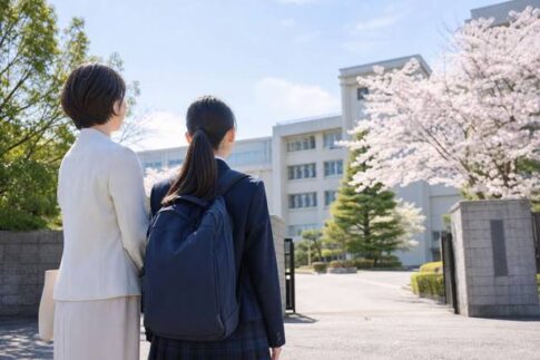 高校の校門の前で志望校を見上げる中学生の女子と母親