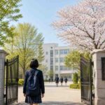 桜の咲く春の朝、通学かばんを背負った中学生が高校の校門へ向かって歩いている様子