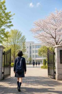 桜の咲く春の朝、通学かばんを背負った中学生が高校の校門へ向かって歩いている様子