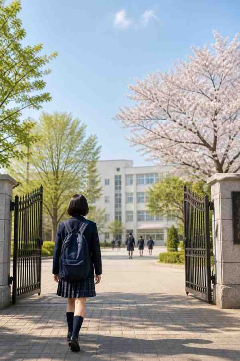 桜の咲く春の朝、通学かばんを背負った中学生が高校の校門へ向かって歩いている様子