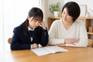 通知表を前に落ち込む制服姿の中学生と、隣で見守る母親の様子