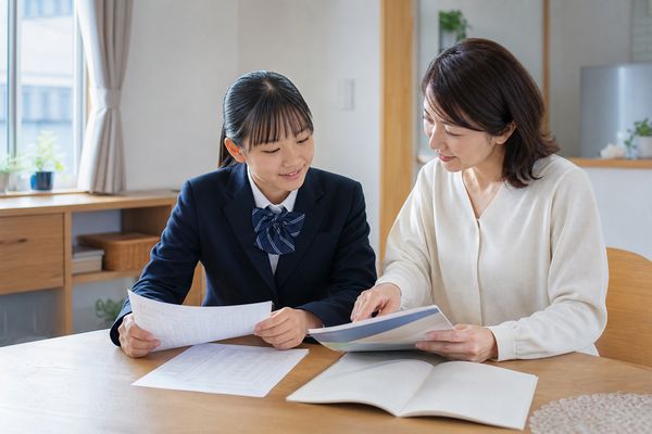 ダイニングテーブルで制服の中学生と保護者が、模試の結果表と入試の案内、過去問を並べて一緒に確認している様子