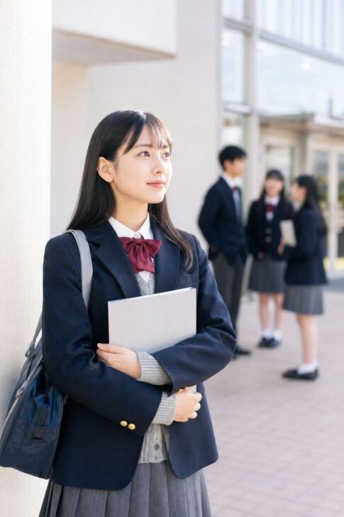 制服姿の女子高生が成績ファイルを胸に抱え、明るい高校の昇降口で前を見つめている
