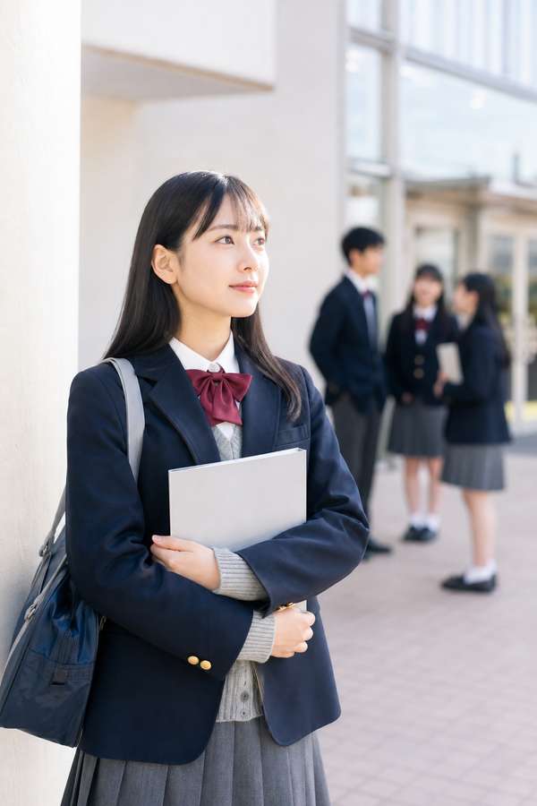 制服姿の女子高生が成績ファイルを胸に抱え、明るい高校の昇降口で前を見つめている