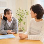 通知表の成績2について自宅で母親と話し合う高校生の女子生徒