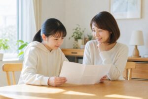 明るいダイニングで通知表を一緒に見る中学生と母親