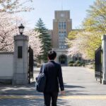 桜の咲く春の朝、制服姿の中学生が歴史ある高校の校門へ向かって歩いていく様子
