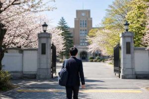桜の咲く春の朝、制服姿の中学生が歴史ある高校の校門へ向かって歩いていく様子