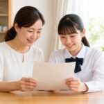 明るいダイニングで母親と制服姿の娘が成績表を一緒に読んでいる様子