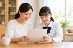 明るいダイニングで母親と制服姿の娘が成績表を一緒に読んでいる様子