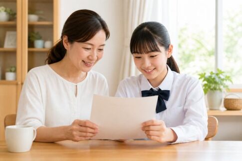 明るいダイニングで母親と制服姿の娘が成績表を一緒に読んでいる様子