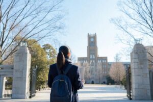 志望校の大学の門の前に立ち出願を考える受験生