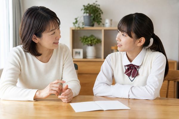 通知表を前に、母親と中学生が明るいダイニングで落ち着いて話し合う様子