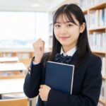 学校図書室で英単語帳を持ち、テストに挑む制服姿の高校生