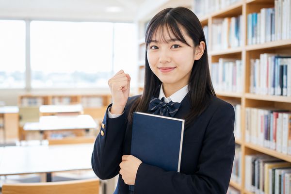 学校図書室で英単語帳を持ち、テストに挑む制服姿の高校生