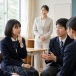 明るい教室で円になり考えを伝え合う制服の中学生と、見守る女性教師