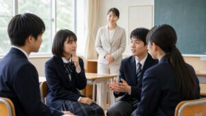 明るい教室で円になり考えを伝え合う制服の中学生と、見守る女性教師