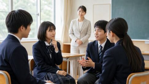 明るい教室で円になり考えを伝え合う制服の中学生と、見守る女性教師