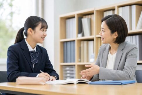 明るい高校の進路指導室で、制服姿の高校1年生が模試の準備について先生に相談している様子
