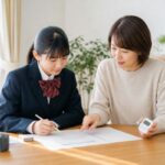 制服の中学生と保護者が全国統一中学生テストの例題をタイマーで時間を測りながら確認する様子