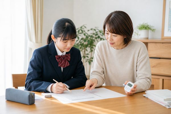 制服の中学生と保護者が全国統一中学生テストの例題をタイマーで時間を測りながら確認する様子