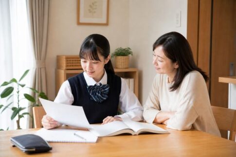 制服の中学1年生と保護者がテスト範囲表と教科書を見ながら期末テストの勉強計画を確認する様子