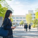 校門の前で学校案内を手に校舎を見上げる制服姿の中学生