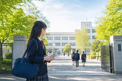 校門の前で学校案内を手に校舎を見上げる制服姿の中学生