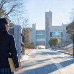共通テストの成績結果の封筒を持ち大学の正門の前で進路を考える制服姿の高校生