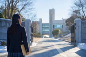共通テストの成績結果の封筒を持ち大学の正門の前で進路を考える制服姿の高校生