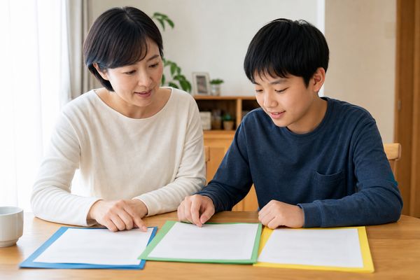 ダイニングテーブルで、母親と中学生の息子が3種類の成績資料を色分けしたファイルに入れて並べ、一枚ずつ見比べながら話し合っている様子