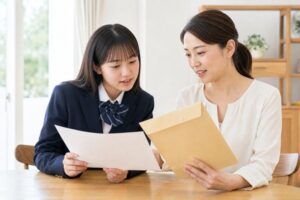 制服の高校生と母親が通知表らしい紙と学校の封筒を見比べる様子