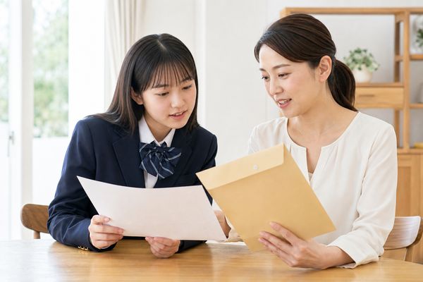 制服の高校生と母親が通知表らしい紙と学校の封筒を見比べる様子