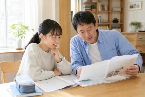 明るいダイニングで中学生の娘と父親が成績表と高校受験資料を見比べる様子
