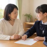 明るいダイニングで母親と制服の中学生の娘が返却された答案を前に穏やかに話し合う様子