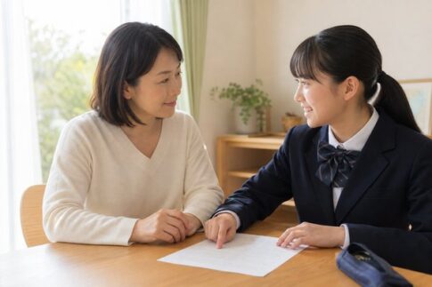 明るいダイニングで母親と制服の中学生の娘が返却された答案を前に穏やかに話し合う様子