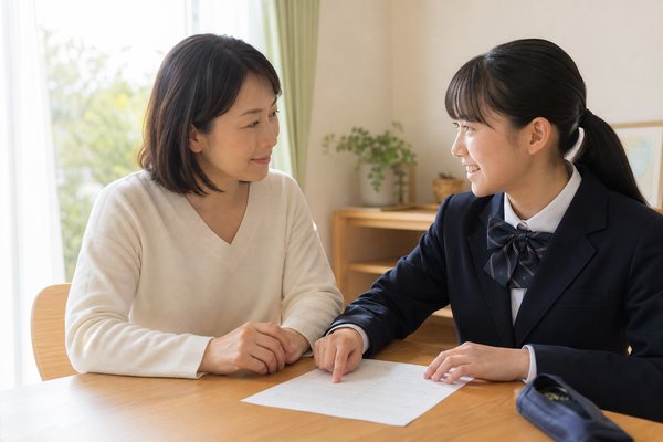 明るいダイニングで母親と制服の中学生の娘が返却された答案を前に穏やかに話し合う様子