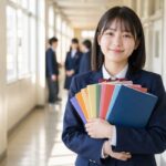9教科分の色とりどりのノートを抱えて明るい校舎の廊下で微笑む制服の中学生