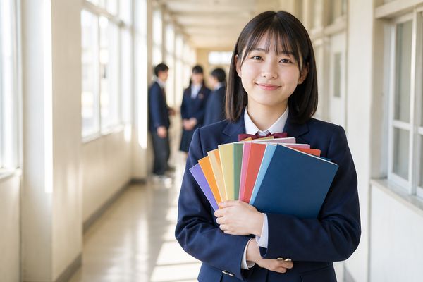9教科分の色とりどりのノートを抱えて明るい校舎の廊下で微笑む制服の中学生