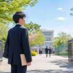 校門の前で校舎を見つめる制服姿の中学生の後ろ姿