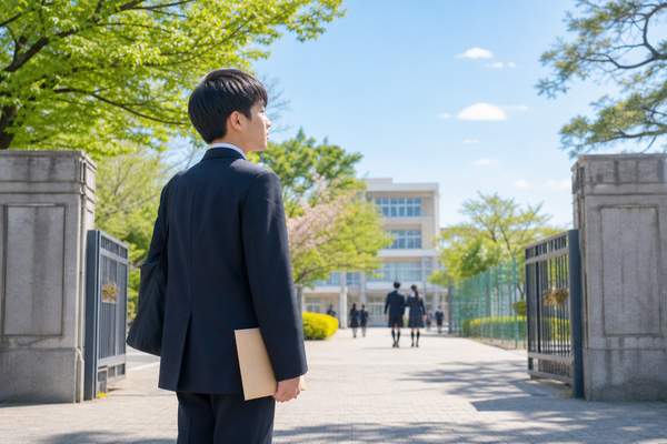 校門の前で校舎を見つめる制服姿の中学生の後ろ姿