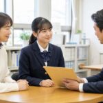 高校の進路相談室で制服の生徒と保護者が進路指導の教員から未開封の調査書の封筒について説明を受けている様子