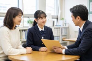 高校の進路相談室で制服の生徒と保護者が進路指導の教員から未開封の調査書の封筒について説明を受けている様子