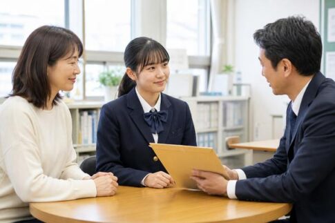 高校の進路相談室で制服の生徒と保護者が進路指導の教員から未開封の調査書の封筒について説明を受けている様子