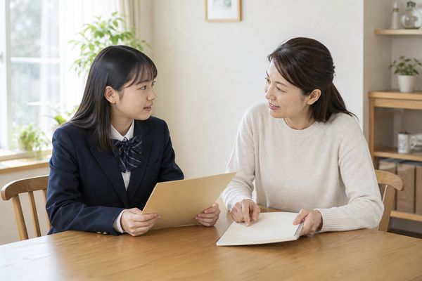 制服の高校生と母親が自宅のダイニングで通知表を前に落ち着いて話し合う様子